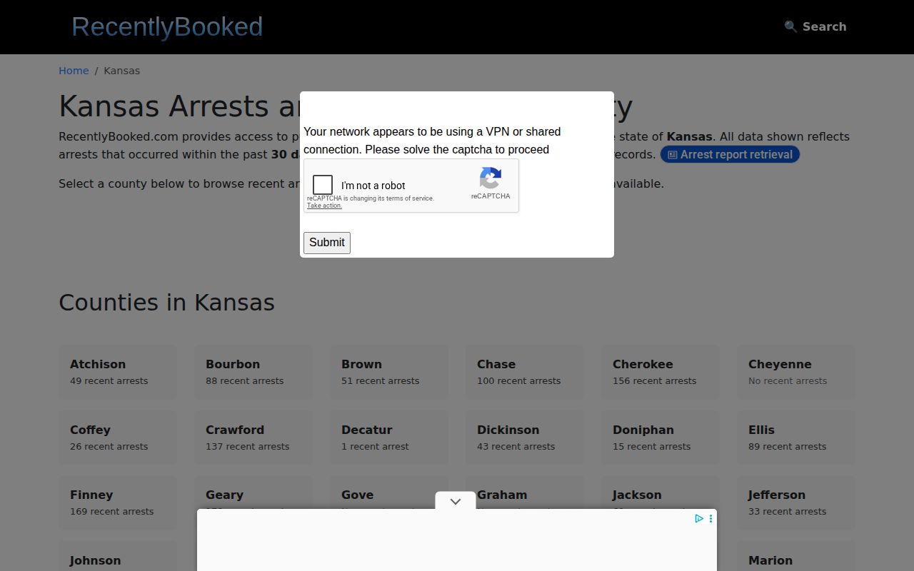 RecentlyBooked Kansas index showing no Ottawa County crime feed